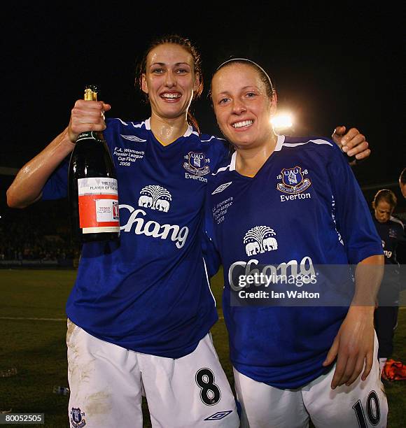 Jody Handley and Jill Scott of Everton celebrate after winning the FA Tesco Women's Premier Cup Final match between Everton and Arsenal at Matchroom...