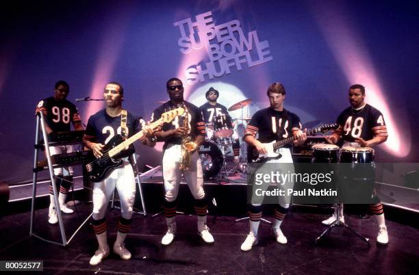 Chicago Bears players during filming of the Super Bowl Shuffle in Chicago, Illinois in 1985.