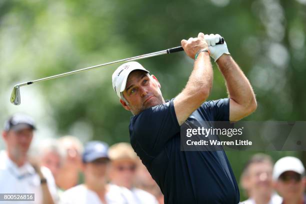 Hennie Otto of South Africa tees off on the 2nd hole during day three of the BMW International Open at Golfclub Munchen Eichenried on June 24, 2017...