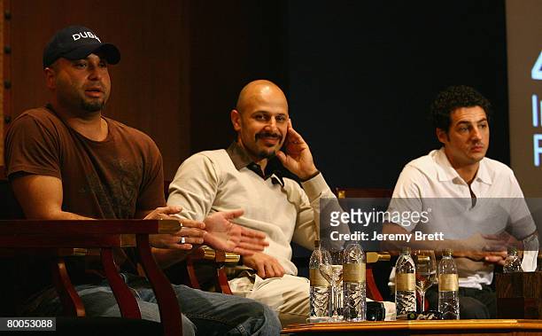 Comedians Ahmed Ahmed, Maz Jobrani and Aron Kader of the Axis of Evil attend the Showtime Comedy Workshop during day three of the 4th Dubai...