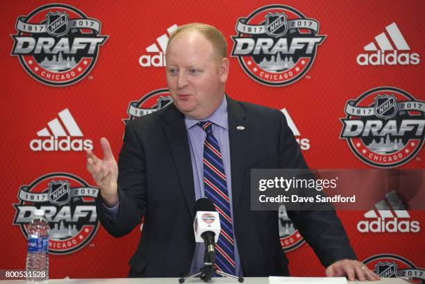 Executive director of USA Hockey Pat Kelleher speaks to the media during the NHL, NHLPA & NCAA Press Conference before the 2017 NHL Draft at United...