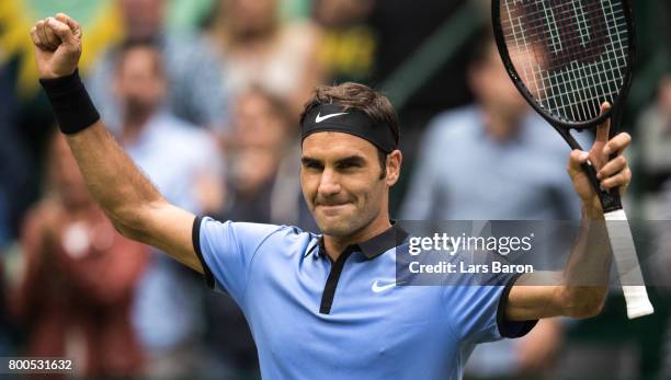 Roger Federer of Switzerland celebrates after winning his semi final match against Karen Khachanov of Russia during Day 8 of the Gerry Weber Open...