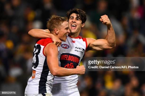 Bernie Vince and Christian Petracca of the Demons celebrates the win on the siren during the 2017 AFL round 14 match between the West Coast Eagles...
