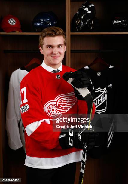 Michael Rasmussen, ninth overall pick of the Detroit Red Wings, poses for a portrait during Round One of the 2017 NHL Draft at United Center on June...