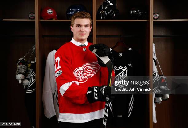 Michael Rasmussen, ninth overall pick of the Detroit Red Wings, poses for a portrait during Round One of the 2017 NHL Draft at United Center on June...