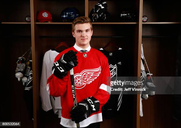 Michael Rasmussen, ninth overall pick of the Detroit Red Wings, poses for a portrait during Round One of the 2017 NHL Draft at United Center on June...