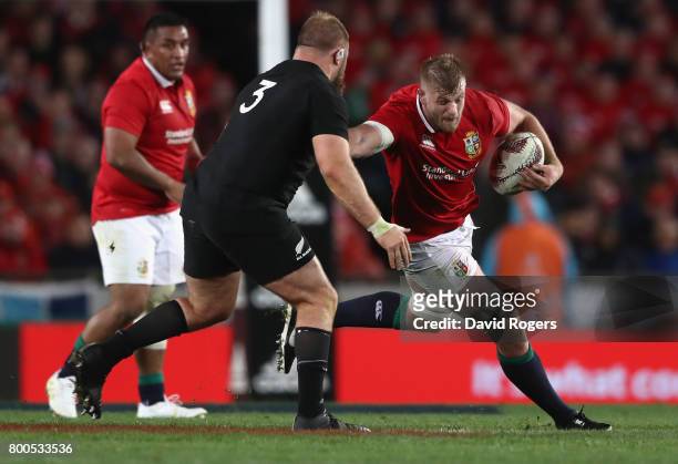 George Kruis of the Lions takes on Owen Franks during the Test match between the New Zealand All Blacks and the British & Irish Lions at Eden Park on...