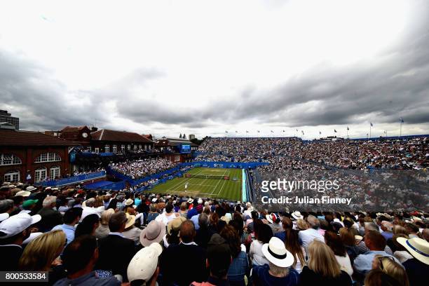 General view as Gilles Muller of Luxembourg serves during the mens singles semi-final match against Marin Cilic of Croatia on day six of the 2017...