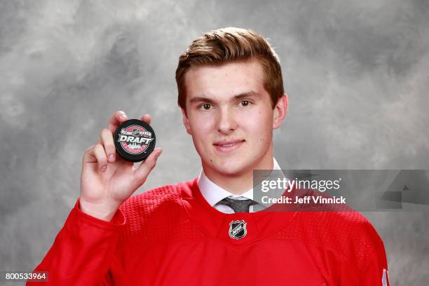 Michael Rasmussen, ninth overall pick of the Detroit Red Wings, poses for a portrait during Round One of the 2017 NHL Draft at United Center on June...