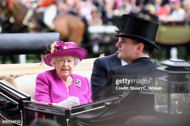 Queen Elizabeth II, Prince Andrew, Duke of York, Mr Stephen Knott and Mr John Warren arrive in the Royal Procession on day 5 of Royal Ascot 2017 at...