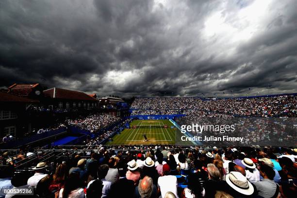 General view as clouds cover centre court during the mens singles semi-finals match between Marin Cilic of Croatia and Gilles Muller of Luxembourg on...
