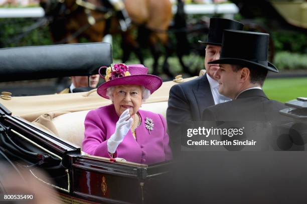Queen Elizabeth II, Prince Andrew, Duke of York, Mr Stephen Knott and Mr John Warren arrive in the Royal Procession on day 5 of Royal Ascot 2017 at...
