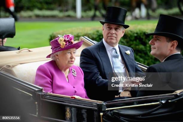 Queen Elizabeth II, Prince Andrew, Duke of York, Mr Stephen Knott and Mr John Warren arrive in the Royal Procession on day 5 of Royal Ascot 2017 at...