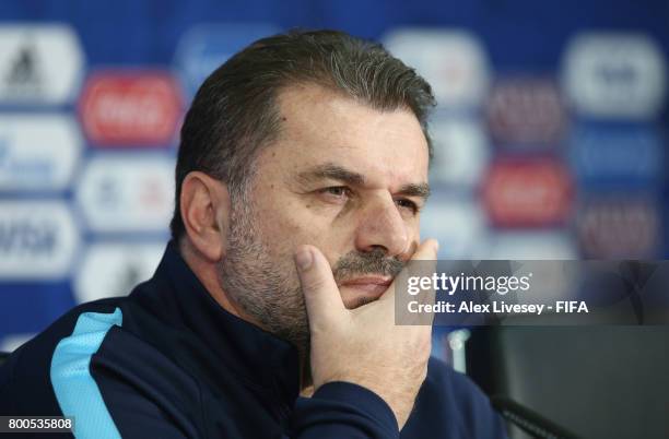 Ange Postecoglou the coach of Australia faces the media during a press conference at the Spartak Stadium during the FIFA Confederations Cup Russia...