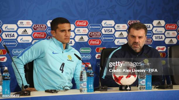 Tim Cahill of Australia and Ange Postecoglou the coach of Australia face the media during a press conference at the Spartak Stadium during the FIFA...