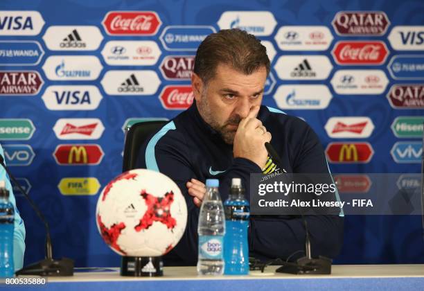 Ange Postecoglou the coach of Australia faces the media during a press conference at the Spartak Stadium during the FIFA Confederations Cup Russia...