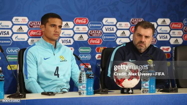 Tim Cahill of Australia and Ange Postecoglou the coach of Australia face the media during a press conference at the Spartak Stadium during the FIFA...