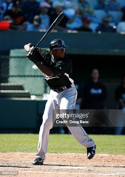Cameron Maybin of the Florida Marlins hits against the Baltimore Orioles at Fort Lauderdale Stadium February 28, 2008 in Fort Lauderdale, Florida....