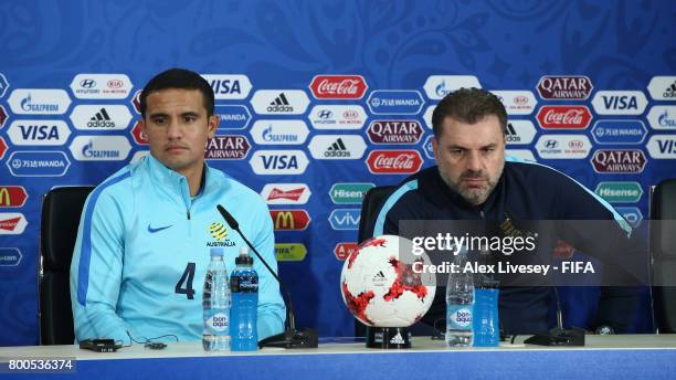 Tim Cahill of Australia and Ange Postecoglou the coach of Australia face the media during a press conference at the Spartak Stadium during the FIFA...