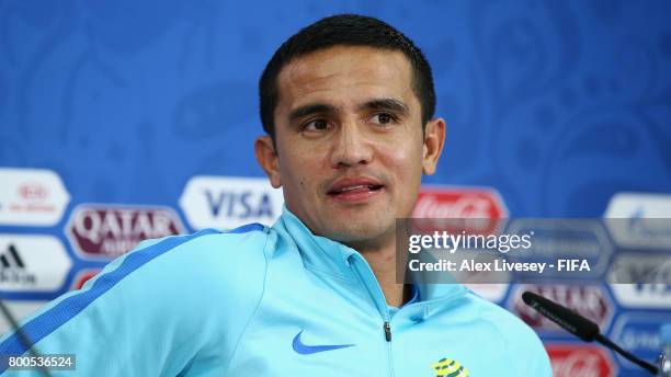 Tim Cahill of Australia faces the media during a press conference at the Spartak Stadium during the FIFA Confederations Cup Russia 2017 on June 24,...