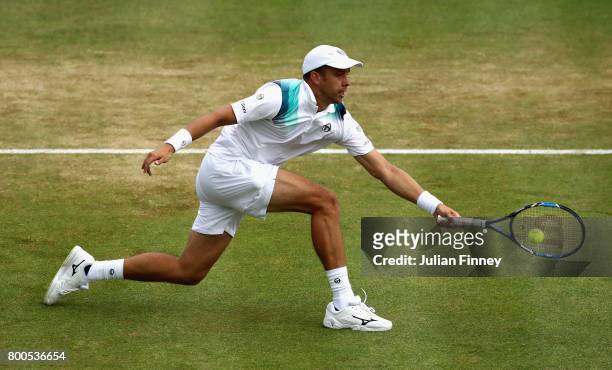 Gilles Muller of Luxembourg volleys during the mens singles semi-final match against Marin Cilic of Croatia on day six of the 2017 Aegon...