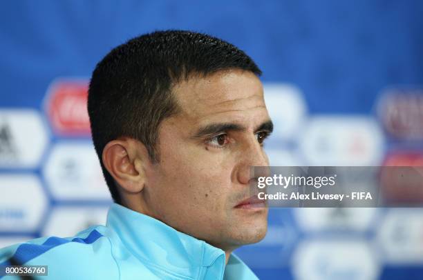 Tim Cahill of Australia faces the media during a press conference at the Spartak Stadium during the FIFA Confederations Cup Russia 2017 on June 24,...