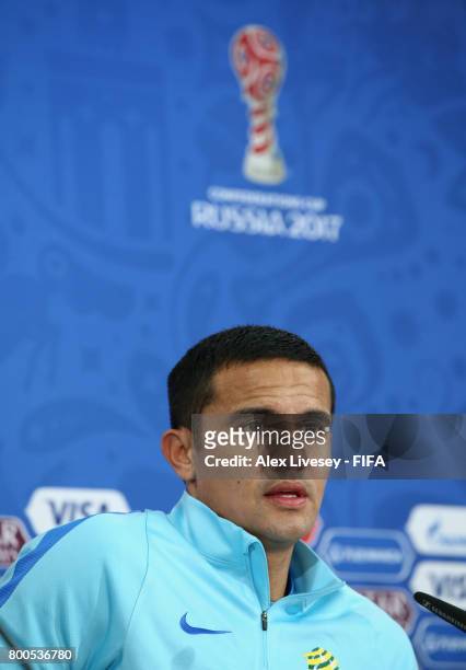 Tim Cahill of Australia faces the media during a press conference at the Spartak Stadium during the FIFA Confederations Cup Russia 2017 on June 24,...