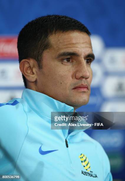 Tim Cahill of Australia faces the media during a press conference at the Spartak Stadium during the FIFA Confederations Cup Russia 2017 on June 24,...