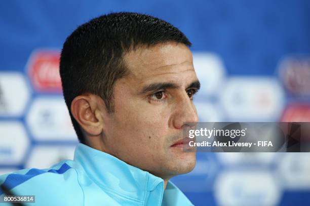 Tim Cahill of Australia faces the media during a press conference at the Spartak Stadium during the FIFA Confederations Cup Russia 2017 on June 24,...