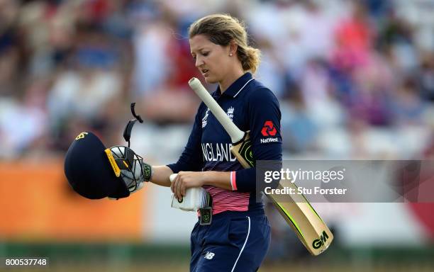 England batsman Sarah Taylor walks off after being dismissed during the ICC Women's World Cup 2017 match between England and India at The 3aaa County...