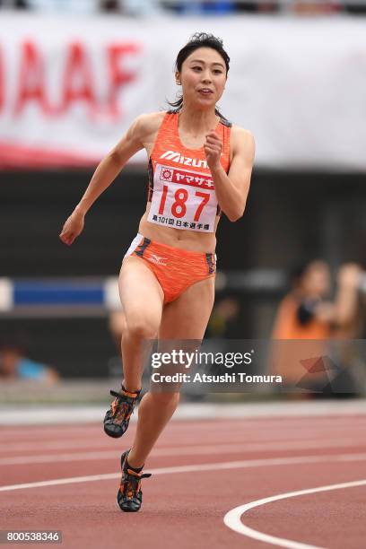 Kana Ichikawa of Japan competes in the Women 200m heat 2 during the 101st Japan National Championships at Yanmar Stadium Nagai on June 24, 2017 in...