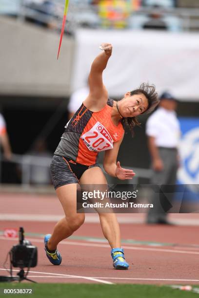 Risa Miyashita of Japan competes in the Women's Javelin throw final during the 101st Japan National Championships at Yanmar Stadium Nagai on June 24,...