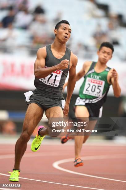 Abdul Hakim Sani Brown of Japan competes in the Men 200m heat 2 during the 101st Japan National Championships at Yanmar Stadium Nagai on June 24,...