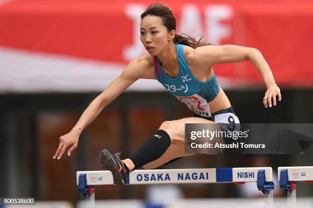 Eriko Soma of Japan in the Women's 100m hurdles heat 1 during the 101st Japan National Championships at Yanmar Stadium Nagai on June 24, 2017 in...