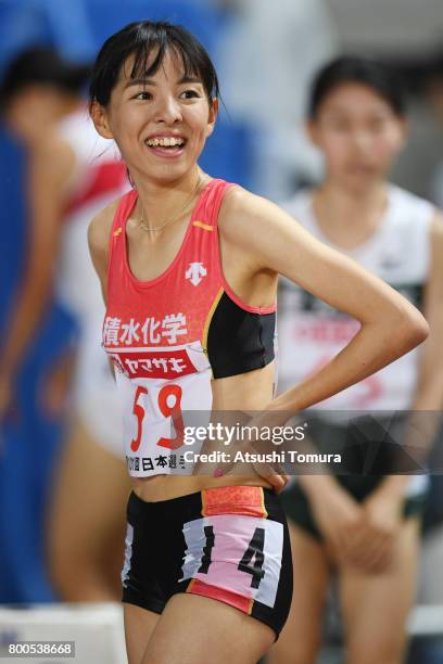 Chikako Mori of Japan smiles after winning in the Women's 3000m SC Final during the 101st Japan National Championships at Yanmar Stadium Nagai on...
