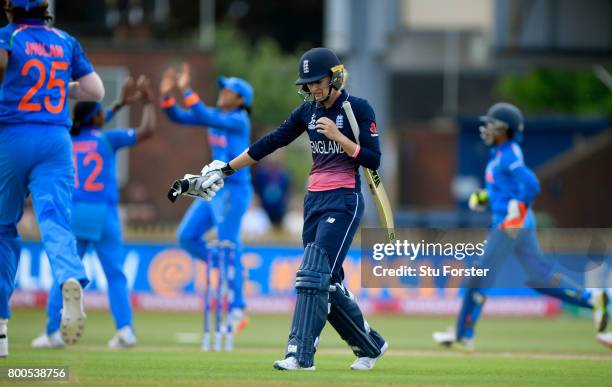 England batsman Sarah Taylor walks off after being dismissed during the ICC Women's World Cup 2017 match between England and India at The 3aaa County...