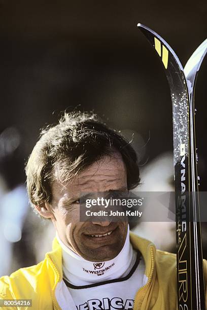 Three time gold medalist Jean-Claude Killy is interviewed after a legends race on Vail Mountain in 1984.