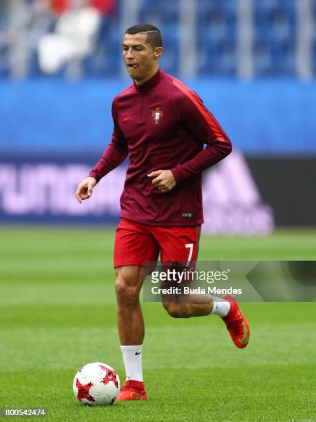 Cristiano Ronaldo of Portugal warms up prior to the FIFA Confederations Cup Russia 2017 Group A match between New Zealand and Portugal at Saint...