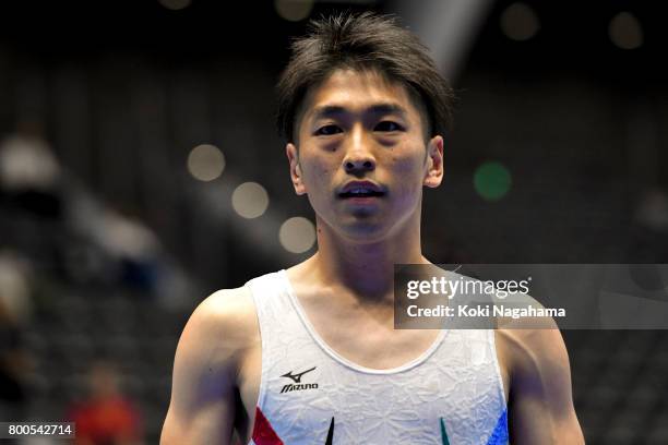 Yasuhiro Ueyama reacts after competing during the 32nd Trampoline Japan National Team Trial at Takasaki Arena on June 24, 2017 in Takasaki, Japan.