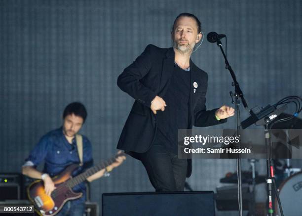 Thom Yorke and Colin Greenwood of Radiohead perform on day 2 of the Glastonbury Festival 2017 at Worthy Farm, Pilton on June 23, 2017 in Glastonbury,...