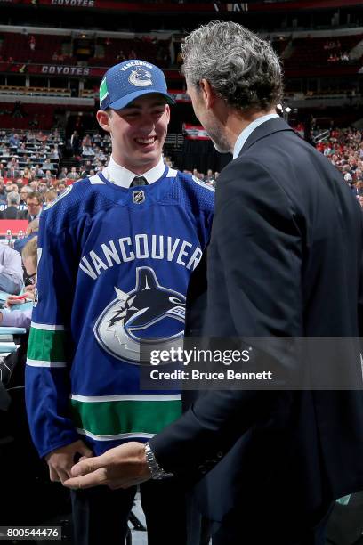 Kole Lind meets with Vancouver Canucks executives after being selected 33rd overall during the 2017 NHL Draft at the United Center on June 24, 2017...