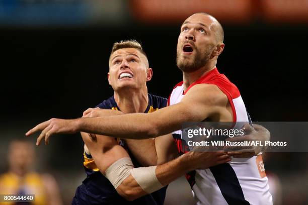 Nathan Vardy of the Eagles contests a ruck with Max Gawn of the Demons during the round 14 AFL match between the West Coast Eagles and the Melbourne...