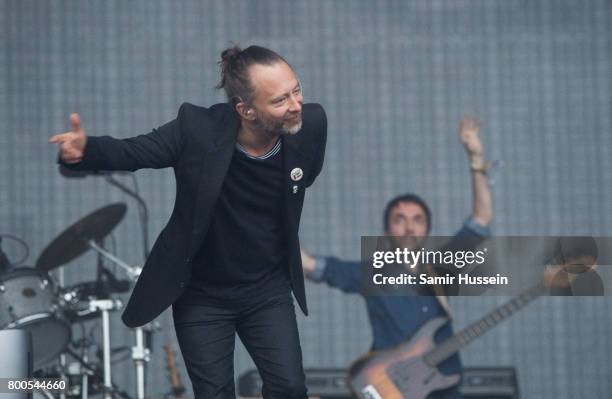 Thom Yorke and Colin Greenwood of Radiohead perform on day 2 of the Glastonbury Festival 2017 at Worthy Farm, Pilton on June 23, 2017 in Glastonbury,...