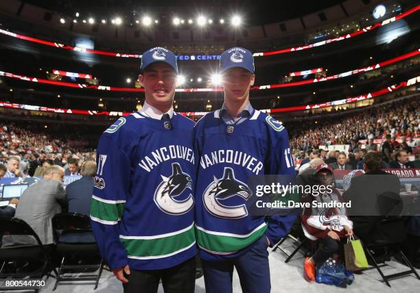 Kole Lind 33rd overall pick by the Vancouver Canucks poses with Elias Pettersson , fifth overall pick, during the 2017 NHL Draft at United Center on...