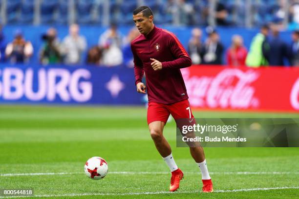 Cristiano Ronaldo of Portugal warms up prior to the FIFA Confederations Cup Russia 2017 Group A match between New Zealand and Portugal at Saint...