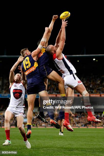 Max Gawn of the Demons leaps for the markduring the round 14 AFL match between the West Coast Eagles and the Melbourne Demons at Domain Stadium on...