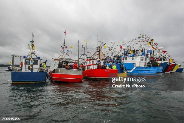 Fishing boats are seen during the annual Kashubian fishermen sea pilgrimage in Puck, Poland on 24 June 2017 Every year fishermen from Kashubia region...