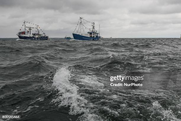 Fishing boats are seen during the annual Kashubian fishermen sea pilgrimage in Puck, Poland on 24 June 2017 Every year fishermen from Kashubia region...