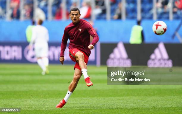 Cristiano Ronaldo of Portugal shoots while warming up prior to the FIFA Confederations Cup Russia 2017 Group A match between New Zealand and Portugal...