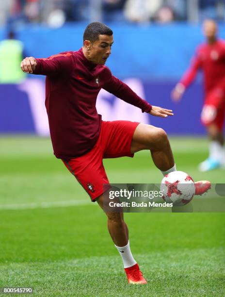 Cristiano Ronaldo of Portugal warms up prior to the FIFA Confederations Cup Russia 2017 Group A match between New Zealand and Portugal at Saint...